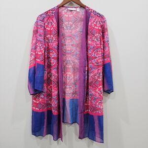 Susan Graver Womens Chiffon Cardigan 2X Pink Blue Geometric Festival Boho Indie